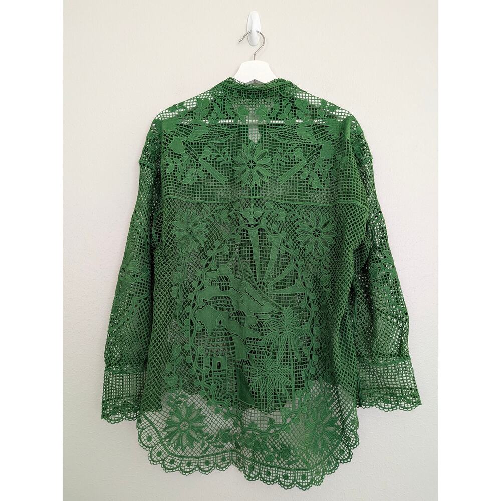 Farm Rio Green Landscape Guipure Lace Button Up Shirt Blouse Size XL EUC No Slip - Picture 4 of 6